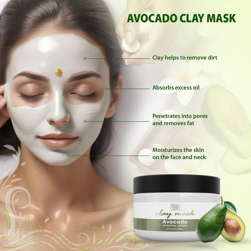 Dead Sea Collection Clay Mask with Avocado Extract for Face - Deep Cleansing Skin Care Spa Facial Mask with Dead Sea Minerals - Nourishing and Moisturizing Skin (8.4 fl.oz)