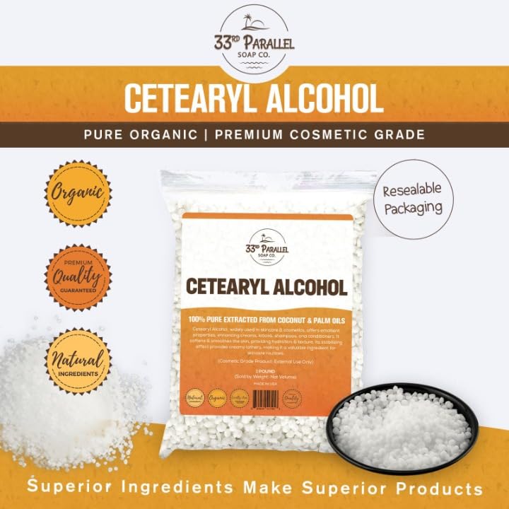 CETEARYL Alcohol (1 lbs / 16 oz) 100% Pure Extracted from Coconut & Palm Oils. Premium Granules Cetearyl Alcohol for Lotion Making, Creams, Scrubs, Shampoos, Conditioners, Moisturizers | 1 Pound