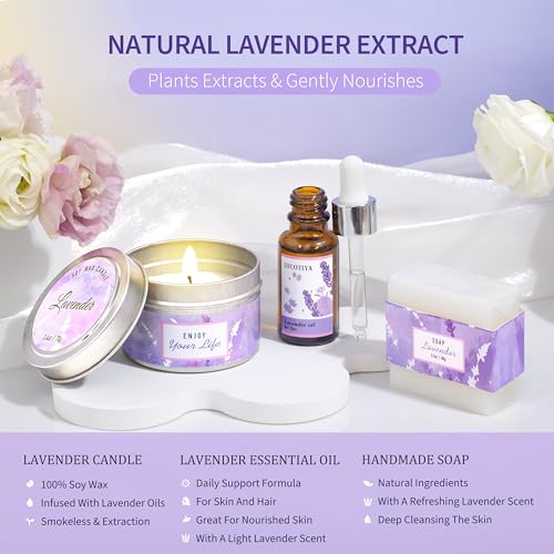 LUCOTIYA Lavender Spa Gift Set for Her,Hand Cream,Lavender Essential Oil,Body Butter ,Lavender Scented Candle,Bath Bombs,Soap