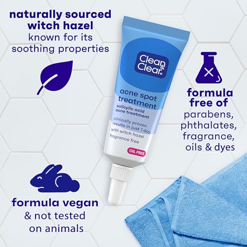 Clean & Clear Acne Spot Treatment Gel Cream with 2% Salicylic Acid, Oil-Free Topical Acne Treatment with Witch Hazel for Clinically Proven Results in 1 Day, Fragrance Free, 0.75 fl. oz