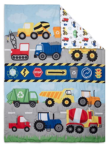 Baby Boom Funhouse Construction Area 4 Piece Toddler Bedding Set, Trucks – Includes Comforter, Sheet Set – Fitted + Top Sheet + Reversible Pillowcase for Boys Bed, Blue
