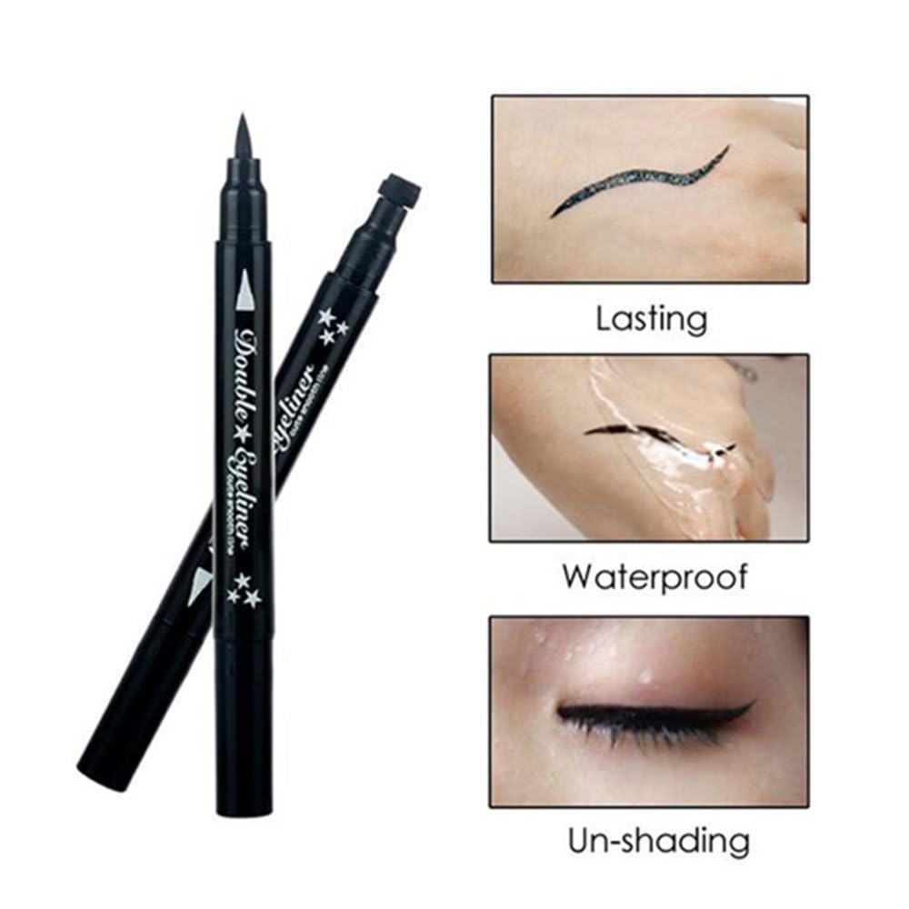 Pinkiou 2 in 1 Double-headed Liquid Eyeliner Pen Stamp Super Slim Gel Felt Tip High Pigment Black Waterproof Smudgeproof Long Lasting Makeup Tool(Heart)