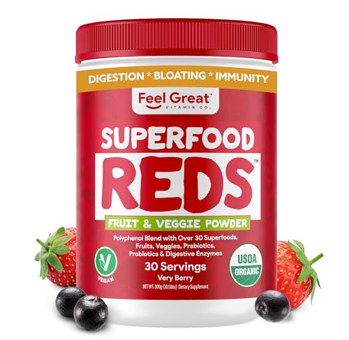 Feel Great Organic Superfood Reds Powder Packed with Beet Root Powder | Digestive Support Including Bloating Relief | Fruit and Veggie Polyphenols Supplement.