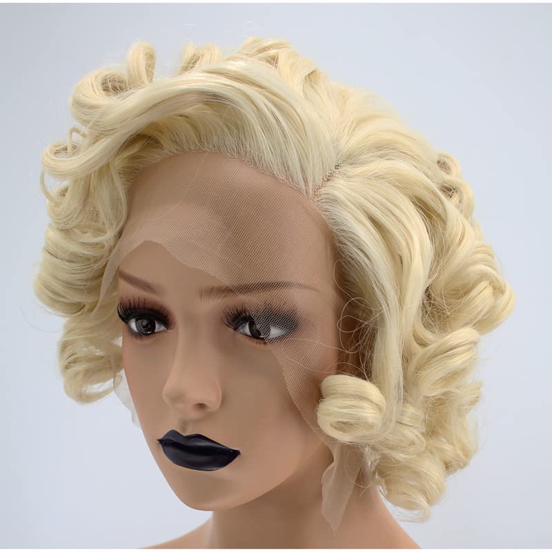 Anogol Hair Cap+Short Curly Synthetic Blonde Lace Front Wig Hair Replacement Wigs For Women Daily Hairstyles