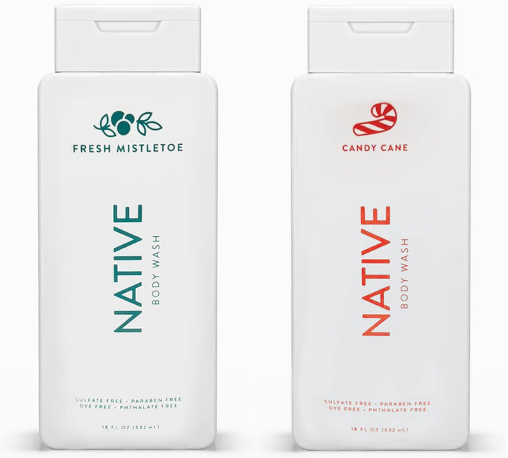 Native Special Edition Winter Body Wash |for Women & Men | Sulfate Free, Paraben Free, Dye Free, with Naturally Derived Clean Ingredients, 18 oz each (2 Pack) (Fresh Mistletoe & Candy Cane)