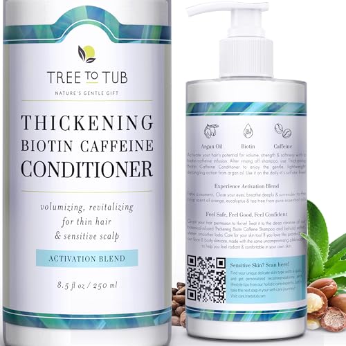 Tree to Tub Biotin Conditioner - Activating Caffeine for Fuller Hair, Thickening Conditioner for Women & Men for Dry Damaged Hair, Sulfate Free Conditioner w/Organic Argan Oil & Aloe, White