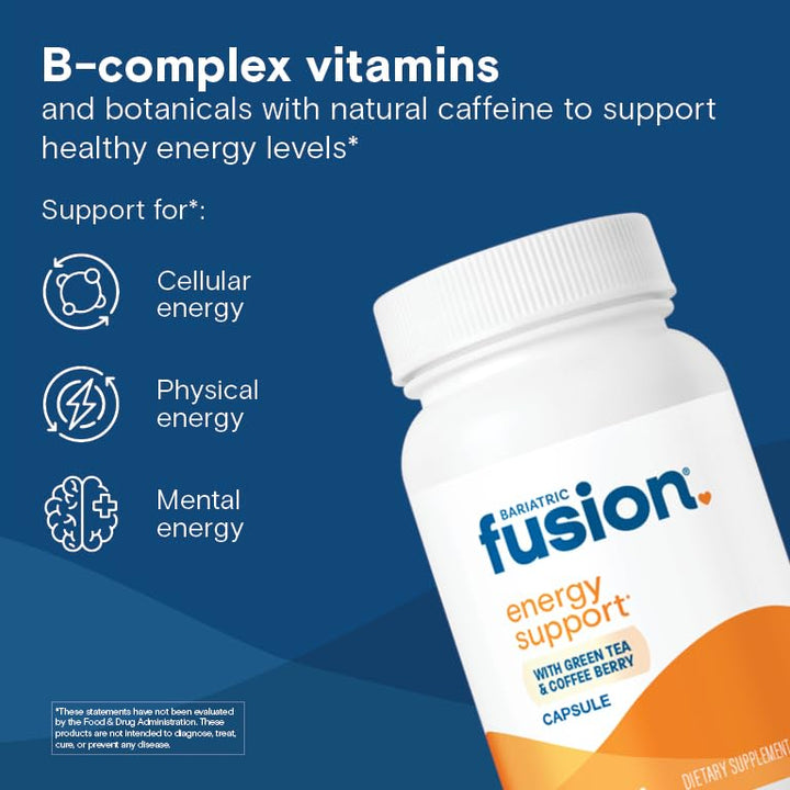 Bariatric Fusion B Vitamins for Energy Support | B-Complex with 70mg Natural Caffiene | Vegan Capsules | Bariatric Vitamins for Women and Men | Gluten, Dairy and Soy Free | Non-GMO | 60 Count