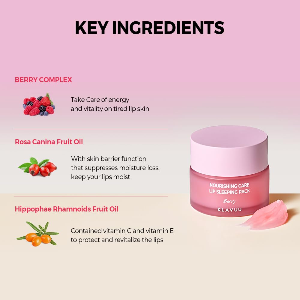 Klavuu Lip Mask Sleeping Pack (0.7oz) – Overnight Deep Hydrating Korean Lip Balm Treatment for Very Dry, Chapped Lips | Lip Lightening & Plumping with Instant Hydration | Gentle Exfoliating (Berry)