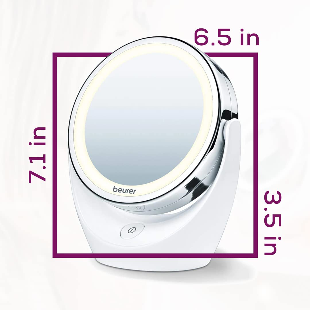 Beurer Illuminated 5x Vanity and Cosmetics Mirror, Touch Sensor Surface, Storage Tray, With Portable, Magnetic Magnifying MakeUp Mirror, White LED Light and Dimmer, Cordless, 360° Rotation, BS45