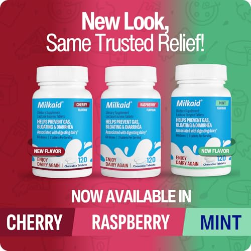 Milkaid Lactase Enzyme Chewable Tablets for Lactose Intolerance Relief | Prevents Gas, Bloating & Diarrhea | Fast Acting Dairy Digestive Supplement (120 Tablets, Mint)