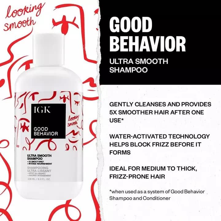 IGK GOOD BEHAVIOR Ultra Smooth Shampoo & Conditioner Set (8 Oz) + GOOD BEHAVIOR Spirulina Protein Smoothing Spray (5.6 Oz) | Frizz Control + Hydrates + Shine | Vegan + Cruelty Free | Set of 3