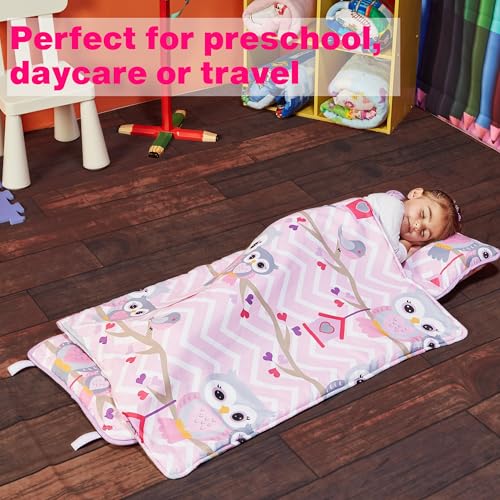 EVERYDAY KIDS Nap Mat with Removable Pillow - Sweet Owls - Carry Handle with Straps Closure, Rollup Design, Soft Microfiber for Preschool, Daycare, Travel Sleeping Bag - Ages 3-6 Years