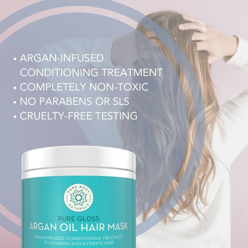 Pure Body Naturals Hair Mask, 8 Fluid Ounces - Argan Oil Deep Conditioning Treatment for Damaged Hair, Hair Growth, Curly Hair
