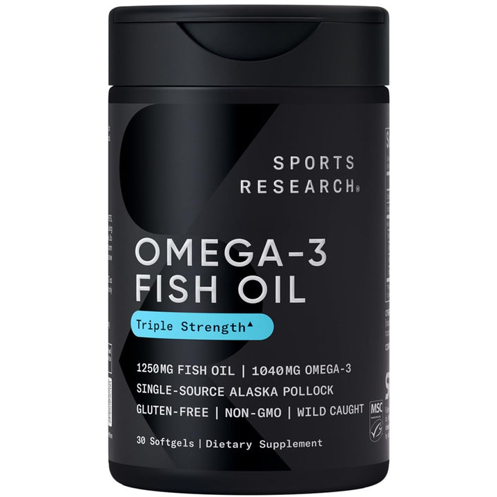 Sports Research Triple Strength Omega 3 Fish Oil Supplement - EPA & DHA Fatty Acids from Wild Alaskan Pollock - Heart, Brain & Immune Support for Adults, Men & Women - 1250 mg Capsules (30 ct)
