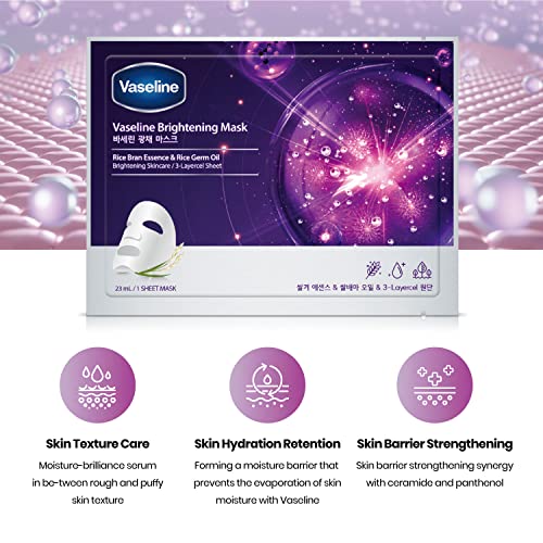 Vaseline Face Facial Mask Sheet Skin Care Essence, HYDRATION RETENTION, SKIN BARRIER REINFORCEMENT [Made in Korea] 10 Count (10 Count, Brightening)