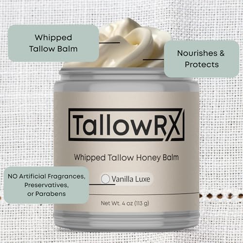 TALLOWRX 100% Grass-Fed Tallow Balm – Pure & Organic Moisturizer for Face & Body – Deep Hydration, Soothing & Skin Moisturizer – Rich in Manuka Honey, Jojoba & Calendula – (4 oz, Vanilla Scented)