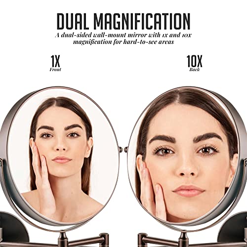 OVENTE 9 Wall Mounted Makeup Mirror with 1X/10X Magnification, Double Sided Magnifying Round Bathroom Vanity Mirror, 360° Swivel Design, Extendable and Folding Arm, Antique Bronze MNLFW90ABZ1X10X