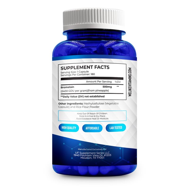We Like Vitamins Bromelain 500mg Capsules - 2400GDU/g - Bromelain Supplement from Pineapple Extract - Proteolytic Enzymes for Digestion, Absorption, Joint Pain, Muscle Soreness - 180 Capsules