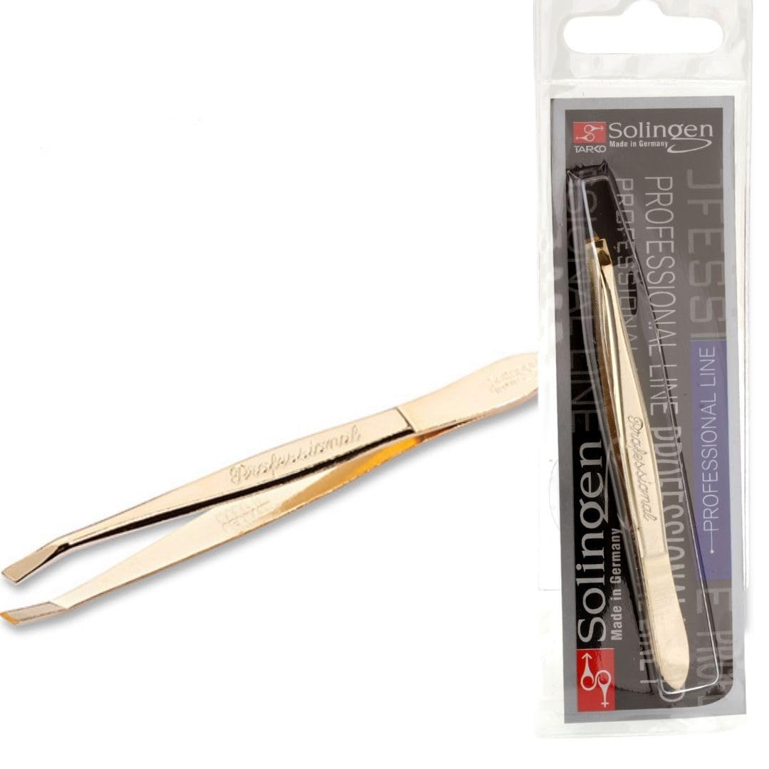 Gold: Solingen Stainless Steel Professional Slanted Tip Tweezers Best Shaped Precision Grip Made In Germany Eyebrows Eyelashes Extensions Chin Cheek Face Facial Splinter Ingrown H