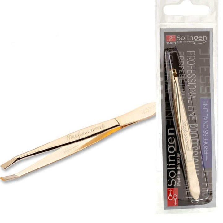 Gold: Solingen Stainless Steel Professional Slanted Tip Tweezers Best Shaped Precision Grip Made In Germany Eyebrows Eyelashes Extensions Chin Cheek Face Facial Splinter Ingrown H