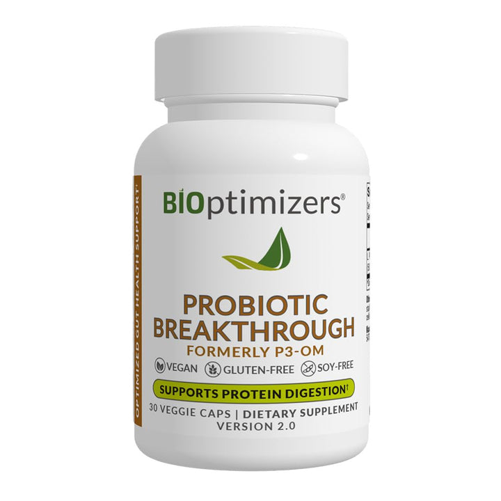 BiOptimizers Probiotic Breakthrough, Proteolytic Prebiotics & Probiotics Supplement – Lactobacillus Plantarum OM for Immune, Bloating & Gut Relief Support, 30 Vegan Capsules