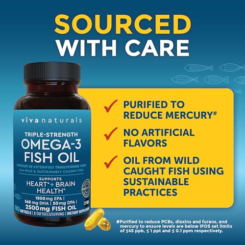 Omega 3 Fish Oil Supplement - 2500 mg Triple Strength Fish Oil Pills with Re-Esterified Omega 3 Fatty Acids Including EPA, DHA DPA - 180 Pescatarian-Friendly Softgels
