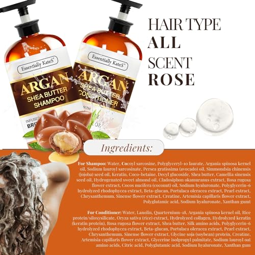 Essentially KateS Argan Shea Butter Shampoo and Conditioner Infused with Rose Extract 16 Fl Oz Set, Pack of 2 - Long Lasting Moisturizing Effect - Curly and Wavy Hair