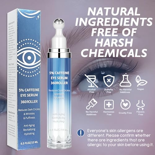 Eye Serum with 5% Caffeine & 5% Retinol – Under Eye Cream with Hyaluronic Acid, Niacinamide & Peptides for Dark Circles, Puffiness & Fine Lines – 360° Massage Roller Ball, 0.5 fl. oz