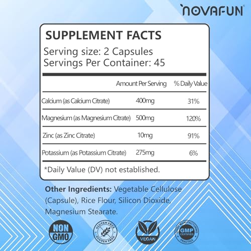 Novafun Potassium Magnesium Supplement 1185mg, High Potency Formula with Calcium Zinc, Bone & Muscle Health, Vegan, 90 Capsules
