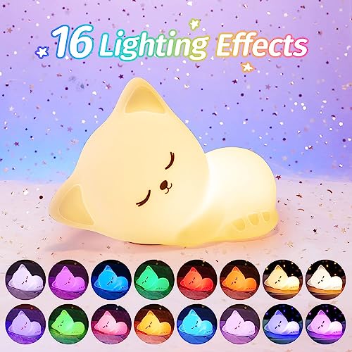 Night Light for Kids Lamp,16Color Cat Lamp Cute Lamp,Dimmable Kids Night Light,Silicone Nightlight for Kids Room,1200mAh Rechargeable Night Light for Kids,Cute Room Decor Girls Bedroom Decor Cat Decor