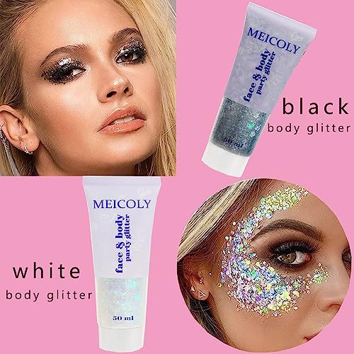 MEICOLY Black and Clear White Face Body Glitter Set,Mermaid Face Glitter Gel,Singer Concerts Festival Rave Accessories,Chunky Sequins Glitter Face Paint for Women and Kids,Sparkling Glitter Makeup