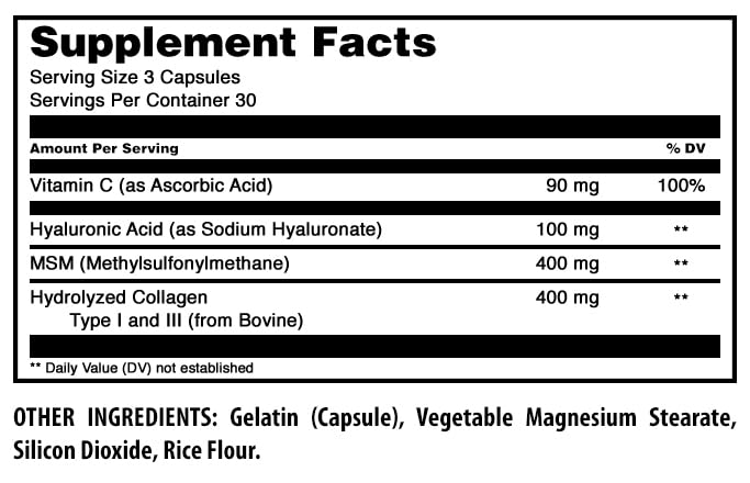 Amazing Formulas Hyaluronic Acid Super Complex with MSM, Collagen Type I & III, and Vitamin C | 990 Mg | 90 Capsules Supplement | Non-GMO | Gluten Free | Made in USA