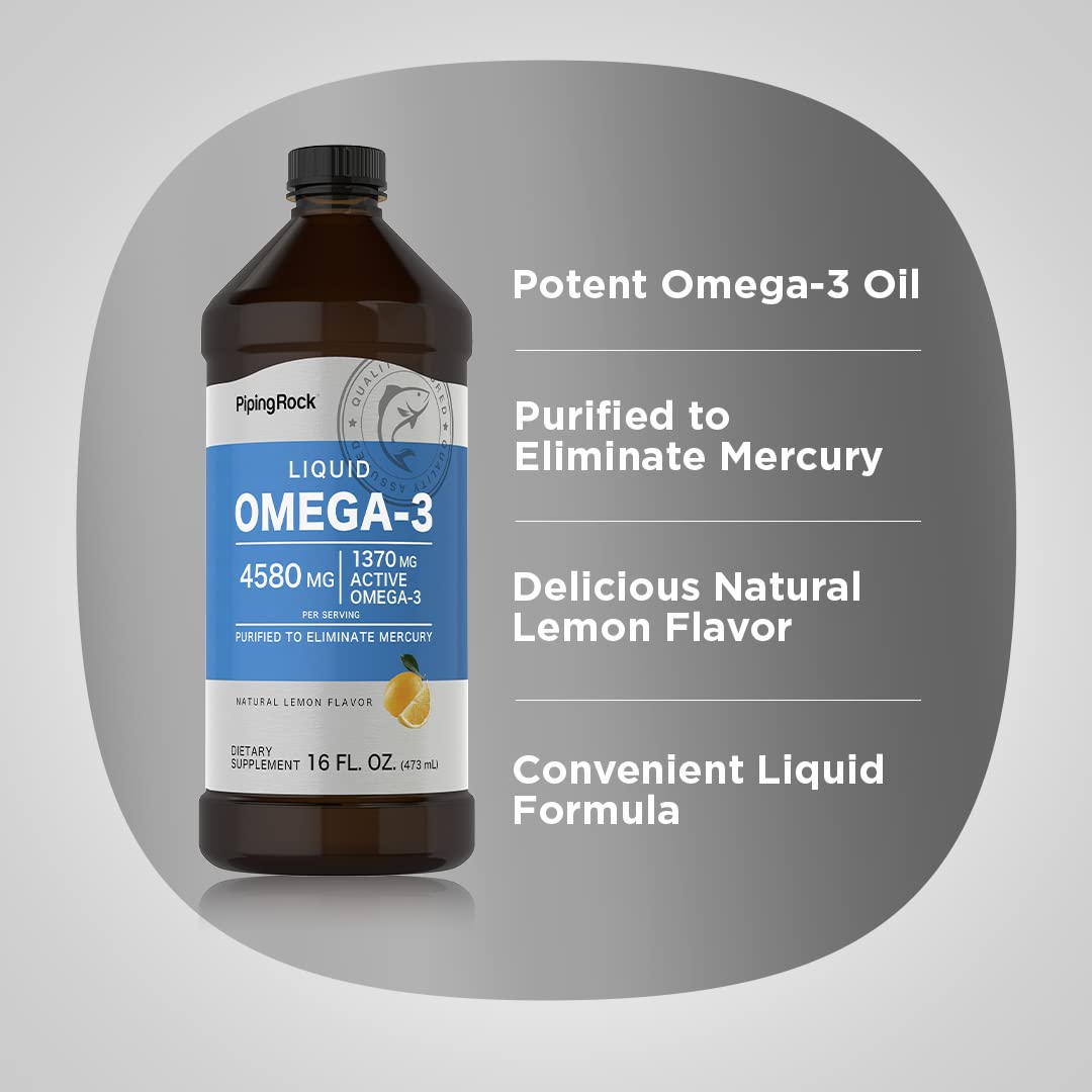 Piping Rock Omega 3 Fish Oil Liquid | 16 Fl Oz | Mercury Free | Lemon Flavor | 1370 mg Active Omega-3 Supplement | Non-GMO, Gluten Free