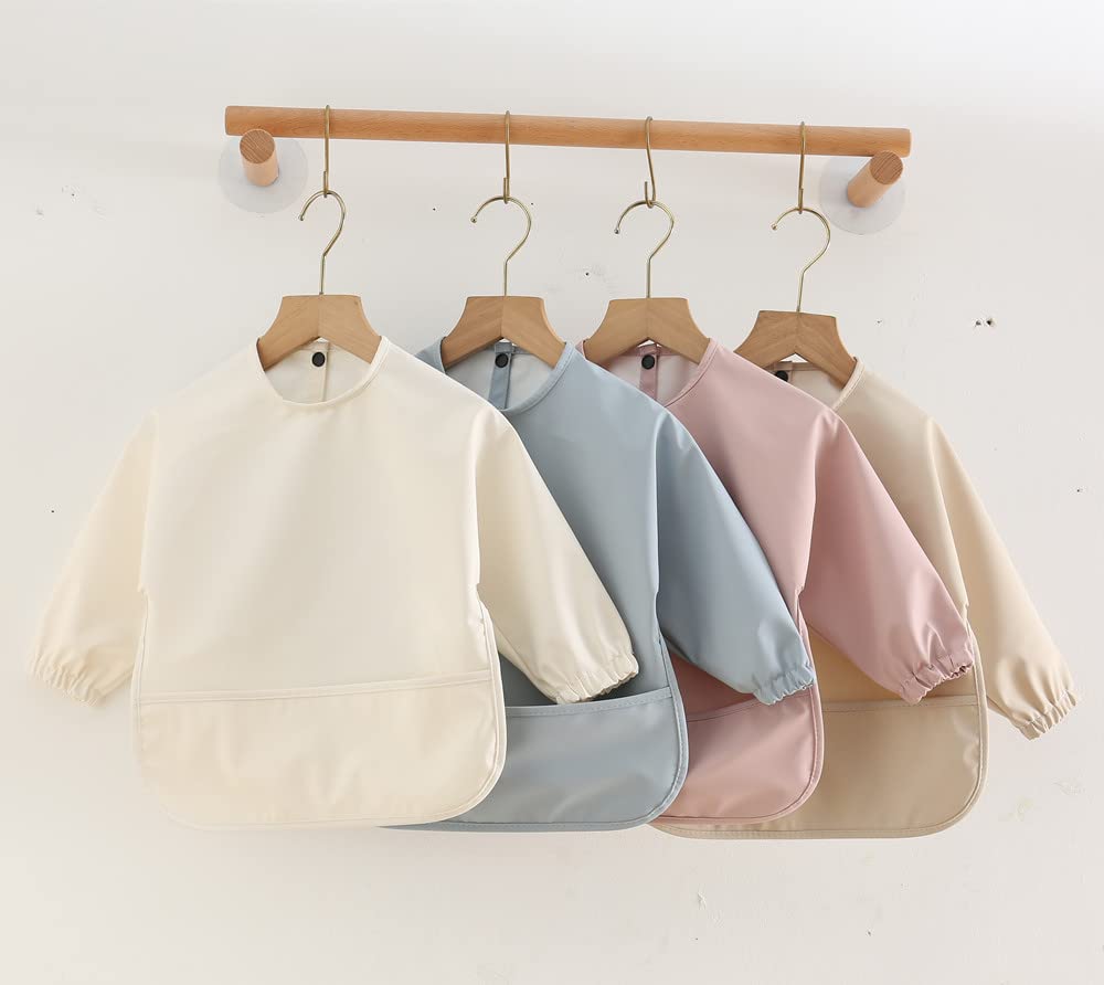 GZMM Waterproof Baby Bibs,Infant Toddler Long Sleeve Feeding Bib With Food Catcher,Wipe Clean & Washable