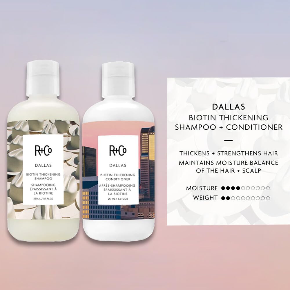 R+Co Dallas Biotin Thickening Shampoo + Conditioner + Coll Wind pH Deluxe Sample | Thickens + Nourishes + Strengthens | 2 x 8.5 Oz + .5 Oz Deluxe Sample
