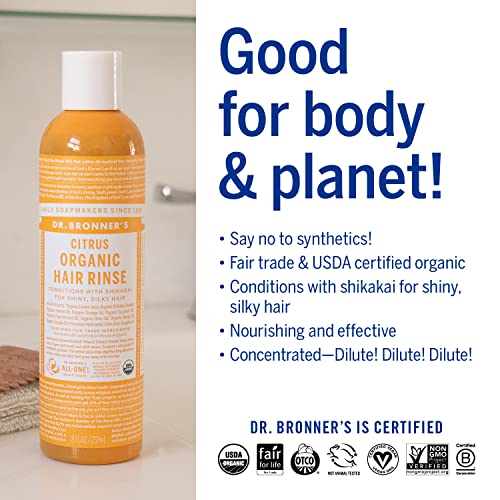 Dr. Bronner's - Organic Hair Rinse (Citrus, 8 Ounce) - Nourishing & Effective, Gentle Conditioning Cleanser for Skin & Hair, No Synthetic Ingredients, Organic Shikakai (2-Pack)