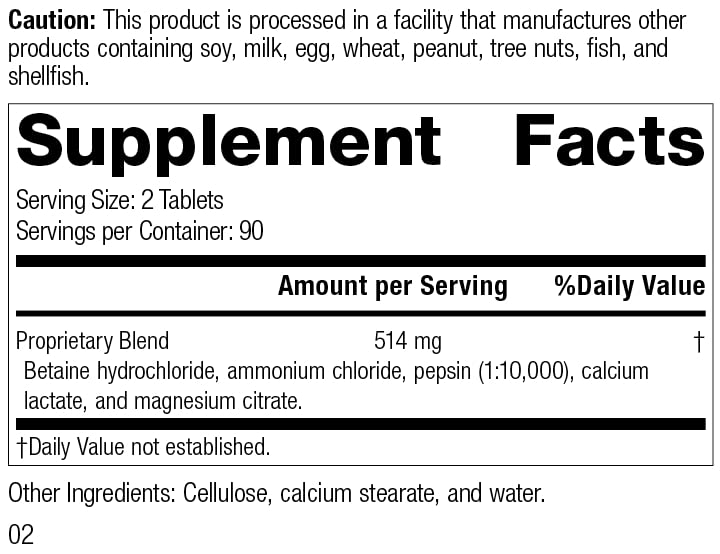 Standard Process Inc. Betaine Hydrochloride - Whole Food GI and Digestive Health Supplement with Magnesium Citrate, Betaine HCl, Ammonium Chloride, Pepsin - 180 Tablets