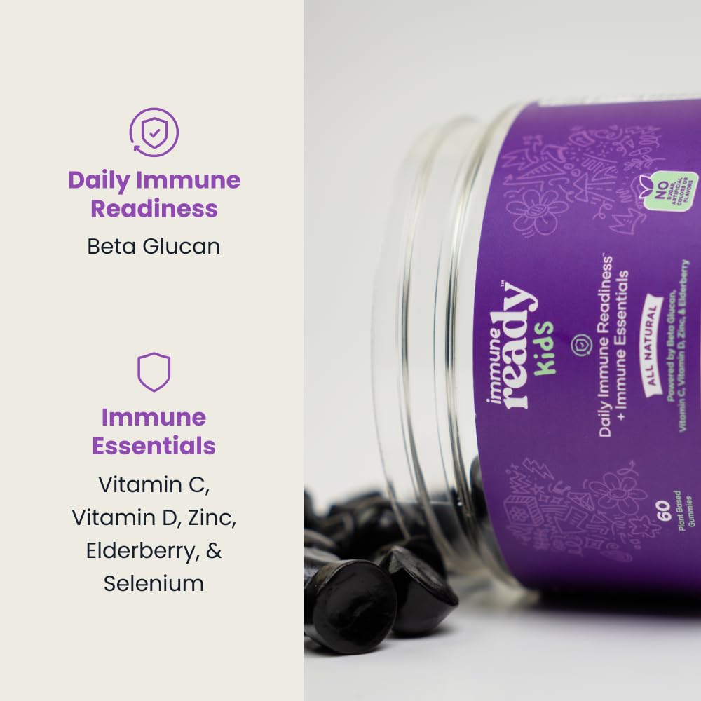 Immune Ready™ - Daily Immune Readiness Kids Gummies - Beta Glucan + Elderberry, Vitamin C, D3, & Zinc - Non-GMO, Vegan, Sugar-Free - Mixed Berry Flavor - 60 Gummies