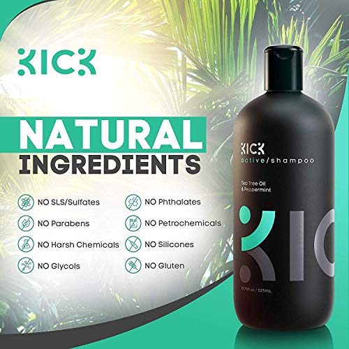 Kick Mens Shampoo - Sulfate-Free, Peppermint and Tea Tree Shampoo - Natural Botanicals for Anti Dandruff Control - Refreshes Scalp - Cruelty-Free 17oz