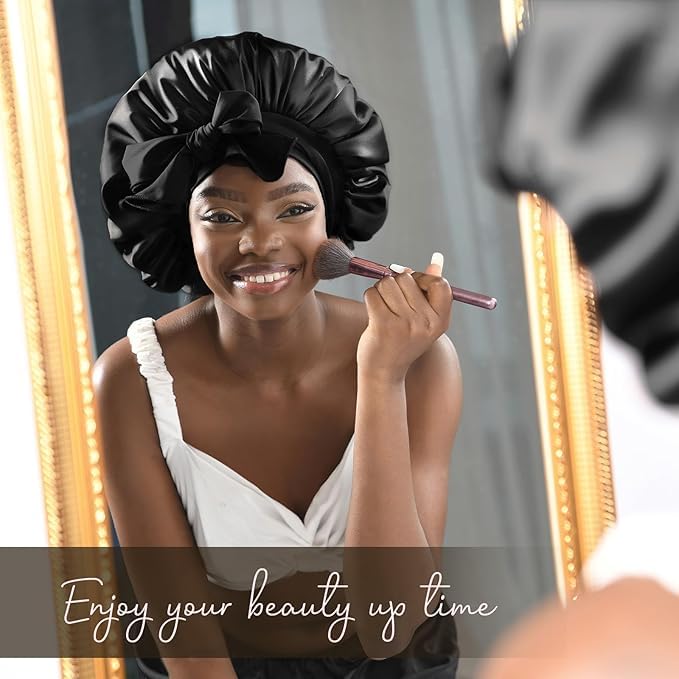 YANIBEST Silk Bonnet for Sleeping Women Adjustable Double Layer Satin Bonnet Reduce Friction Prevent Frizz Natural Curly Hair, Black