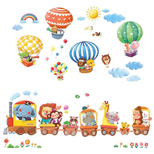 DECOWALL DL-1406L Large Animal Train & Hot Air Balloons Kids Wall Stickers Wall Decals Big Peel and Stick Removable Wall Stickers for Kids Nursery Bedroom Living Room (XLarge) décor