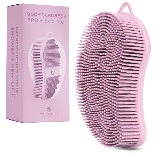 MainBasics Silicone Body Scrubber Pro 2-in-1 Shower Scrubber for Body Care, Silicone Loofah and Body Exfoliator (Pink)