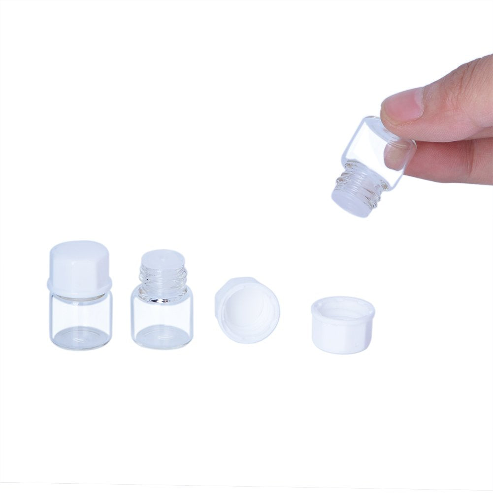 Enslz 100pcs 1/4 Dram (1ml) Small Transparent Glass Cosmetic Essential Oil Perfume Bottle with Orifice Mini Sample Perfume Bottles ContainerWhite Lid