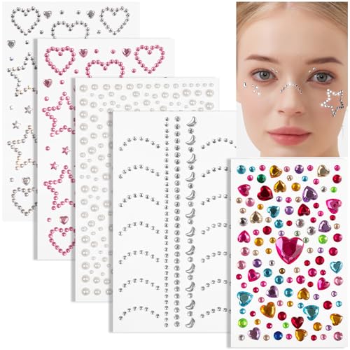 Teenitor Self Adhesive Face Gem Stickers, Face Gems Rhinestones Pearl Stickers, Hair Accessories For Girls, Rave Accessories For Women, Jewel Stickers for Face, Eye, Hair, Body, Nail