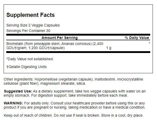 Swanson Maximum Strength Bromelain 1200 Gdu 500 Milligrams 60 Veg Capsules Enzyme