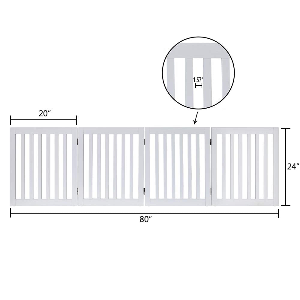 unipaws 24”H Free Standing Pet Gate for Dog Cat, Wooden Dog Gates for Doorway, Stairs, Step Over Foldable Pet Fence for The House, Expandable Dog Barrier, Indoor Use, White