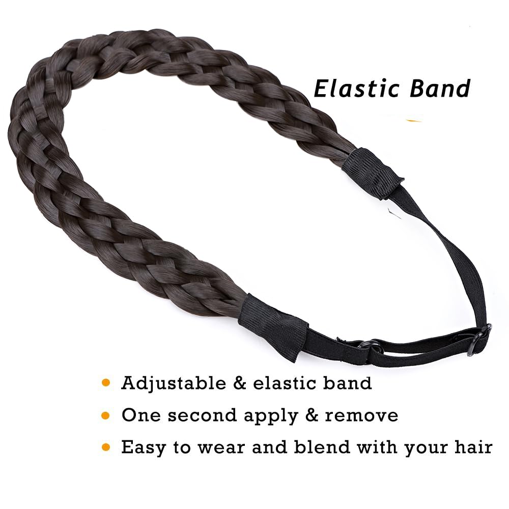 Braided Hair band Plaited Headband Elastic Stretch Wide Plaited Braids Braided Headband Synthetic Hairpiece Chunky Braided Headband Trendy Girls Women (Medium-five strands braided, dark brown)