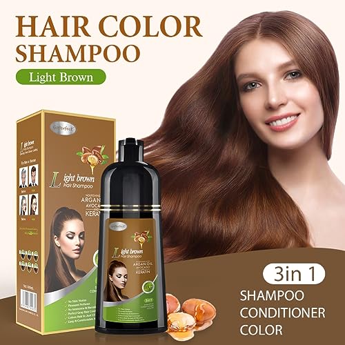 Joyful Young Natural Hair Dye 3 IN 1, Gray Hair Coverage, Color Shampoo for Women & Men, Vegan Ammonia Free (Light Brown)