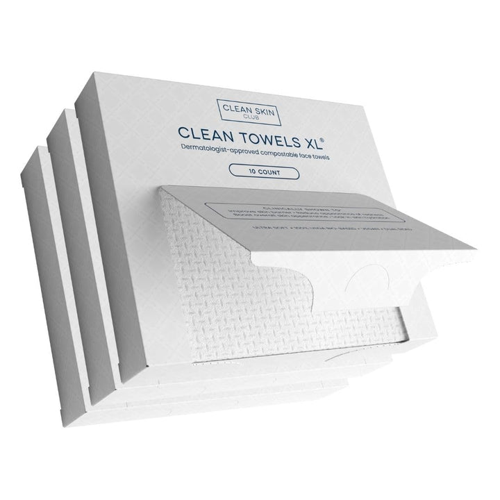 Clean Skin Club Clean Towels XL®, Travel Packs 100% USDA Biobased Disposable Face Towel, Eczema Association Accepted,Dry Wipes, TSA-Approved Travel Essential,10 ct per pack, 3 Packs, 30 Ct Total