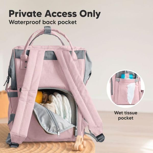 KeaBabies Baby Diaper Bag Backpack - Large Baby Bag for Boys, Girls, Waterproof Multi Function Travel Diaper Backpack with Changing Pad, Durable Travel Essentials for Moms and Dads (Pink Gray)